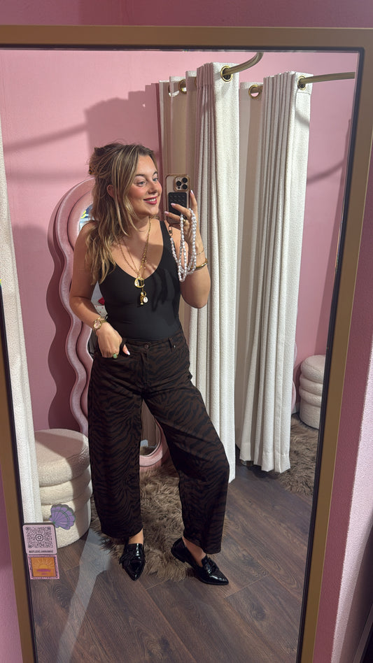Animal print barrel jeans